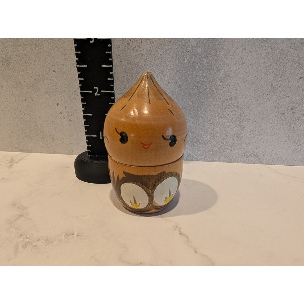 Vintage Japanese Kokeshi Doll Hand Painted Wooden Owl Acorn Folk Art 2.5"